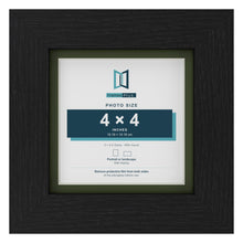 Black 5 x 5 inch picture frame with a green mount for a 4 x 4 inch photo