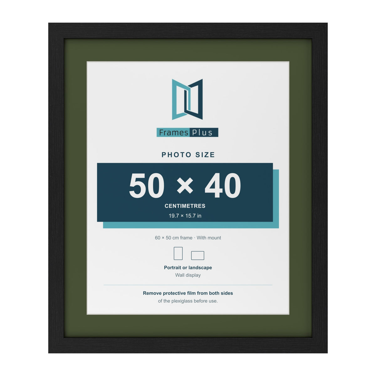 Black 60 x 50 cm picture frame with a green mount for a 50 x 40 cm photo