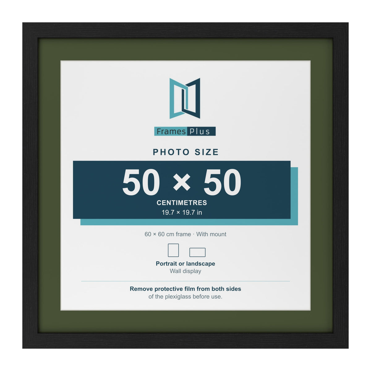Black 60 x 60 cm picture frame with a green mount for a 50 x 50 cm photo