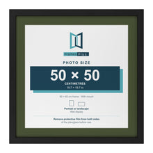 Black 60 x 60 cm picture frame with a green mount for a 50 x 50 cm photo
