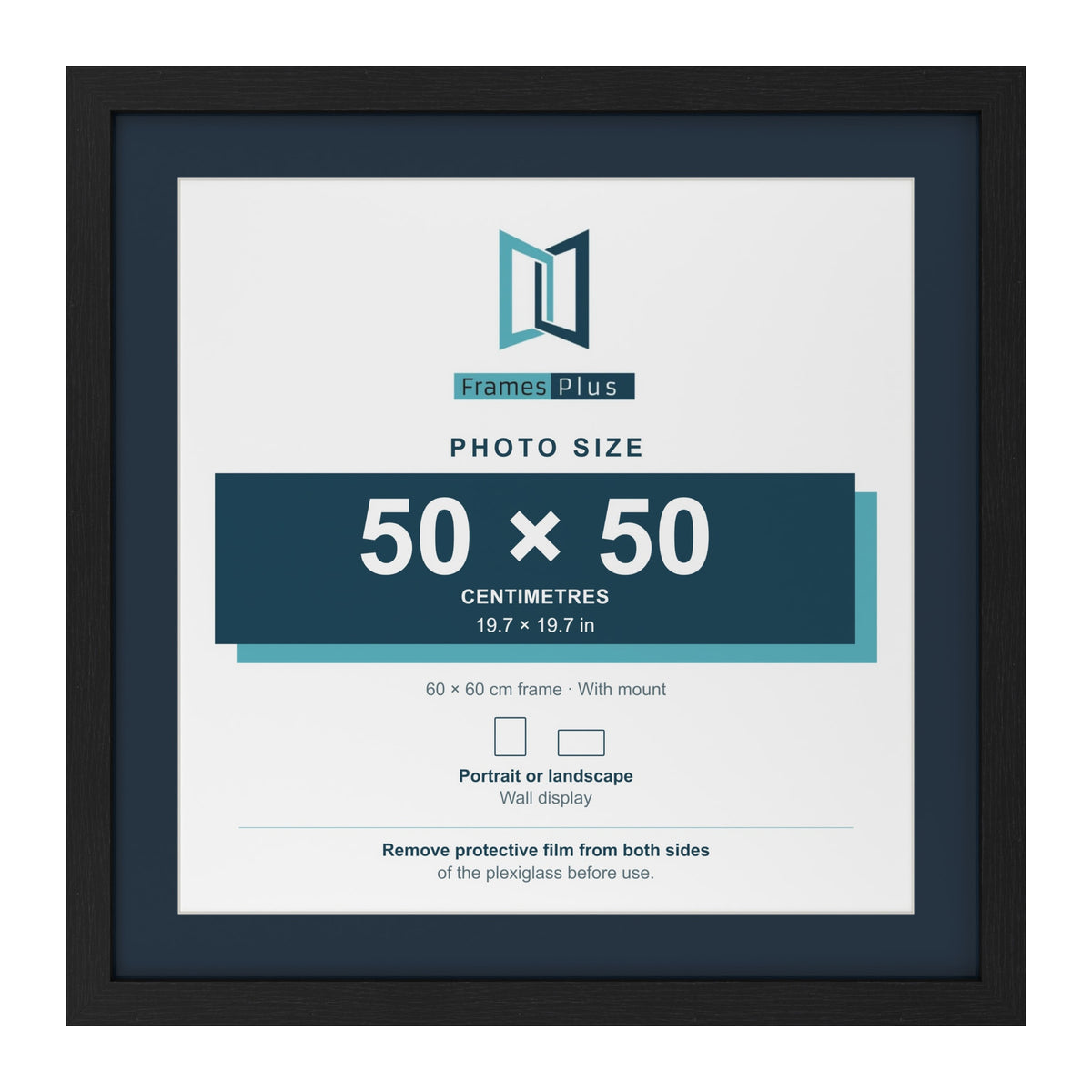 Black 60 x 60 cm picture frame with a Pacific Blue mount for a 50 x 50 cm photo