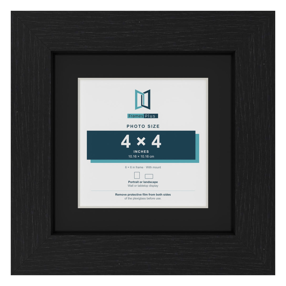 Black 6 x 6 inch picture frame with a black mount for a 4 x 4 inch photo