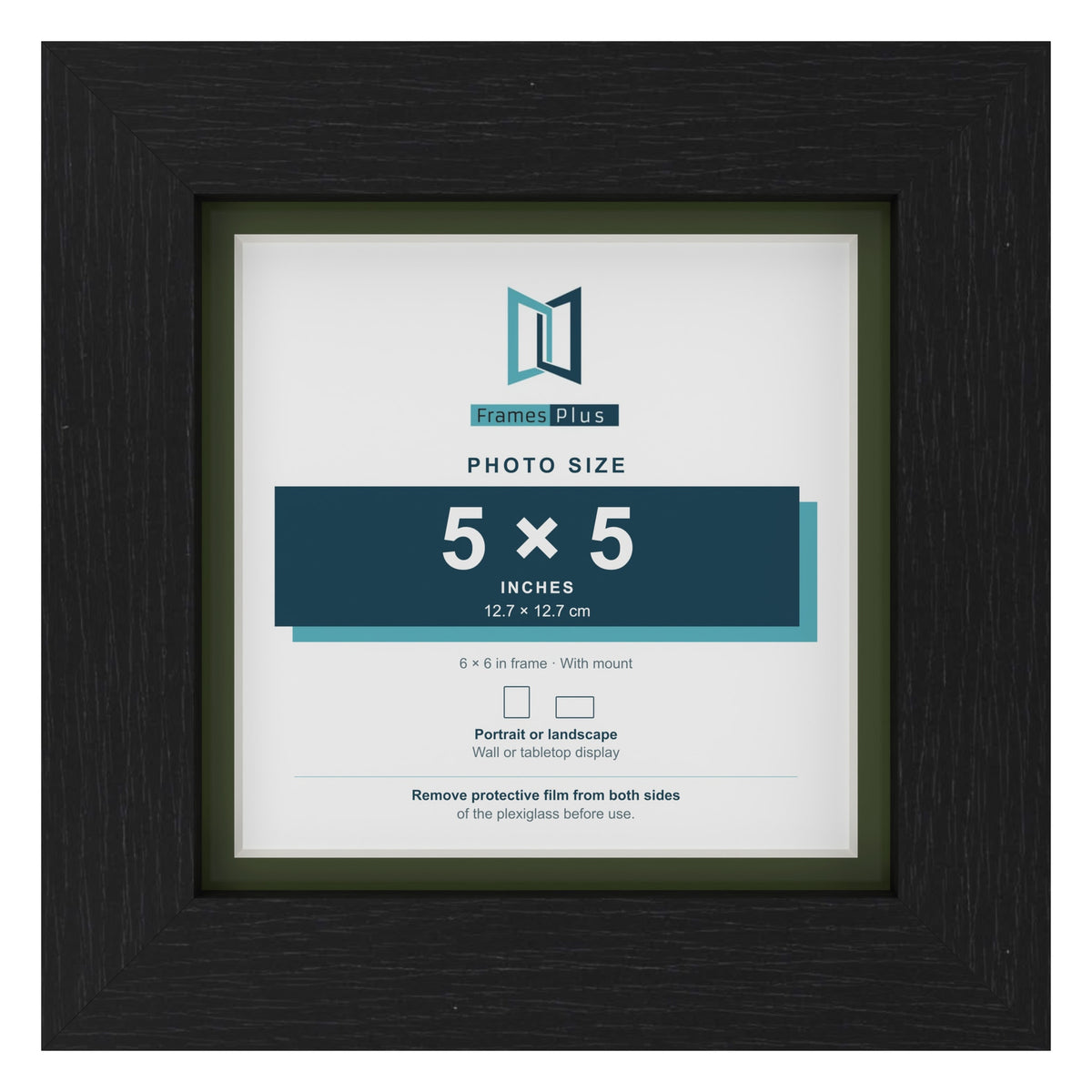 Black 6 x 6 inch picture frame with a green mount for a 5 x 5 inch photo