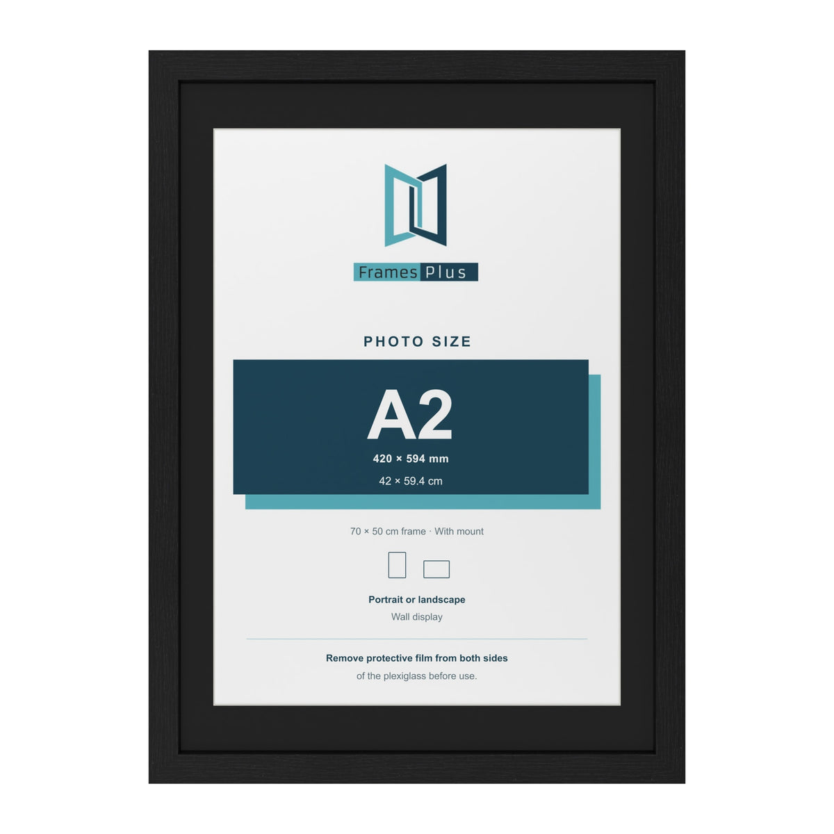Black 70 x 50 cm picture frame with a black mount for an A2 photo