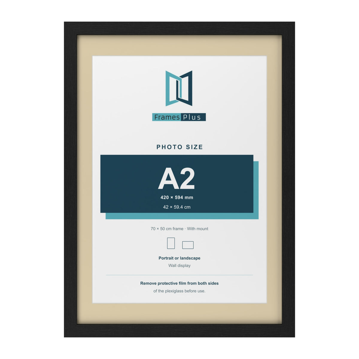 Black 70 x 50 cm picture frame with an ivory mount for an A2 photo