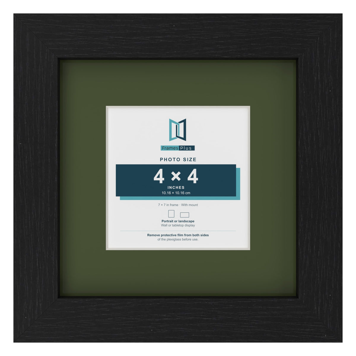 Black 7 x 7 inch picture frame with a green mount for a 4 x 4 inch photo