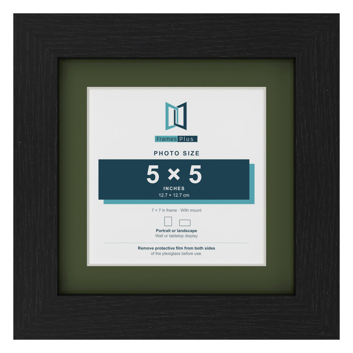 Black 7 x 7 inch picture frame with a green mount for a 5 x 5 inch photo