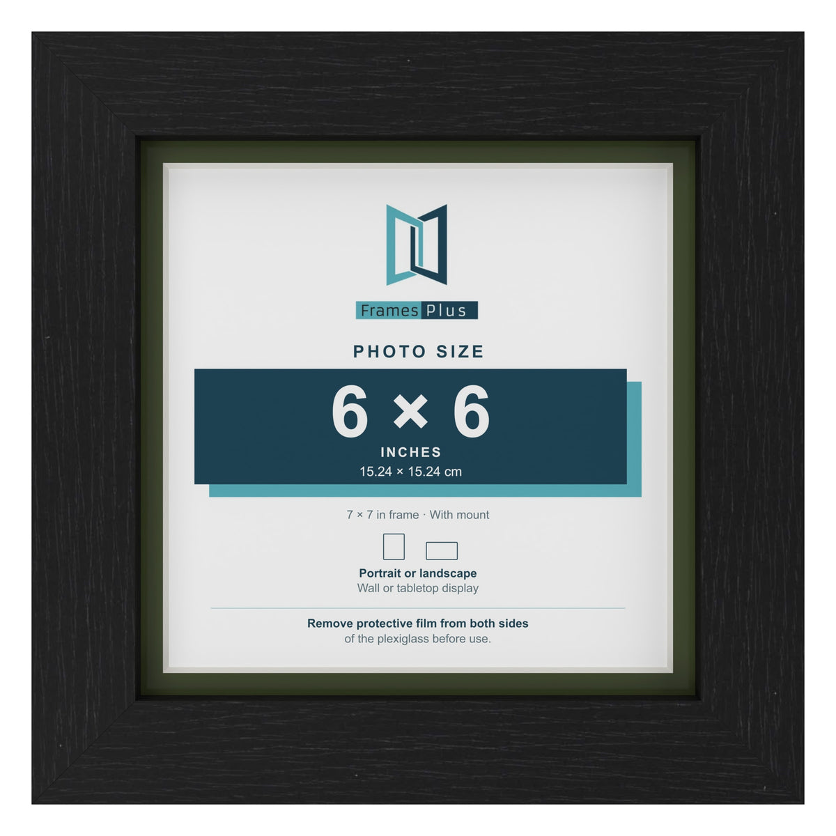 Black 7 x 7 inch picture frame with a green mount for a 6 x 6 inch photo