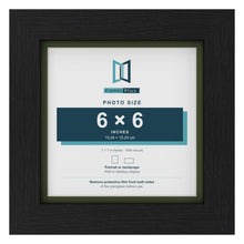 Black 7 x 7 inch picture frame with a green mount for a 6 x 6 inch photo