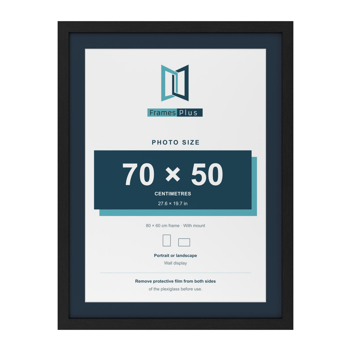 Black 80 x 60 cm picture frame with a Pacific Blue mount for a 70 x 50 cm photo