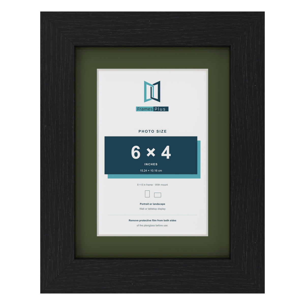 Black 8 x 6 inch picture frame with a green mount for a 6 x 4 inch photo