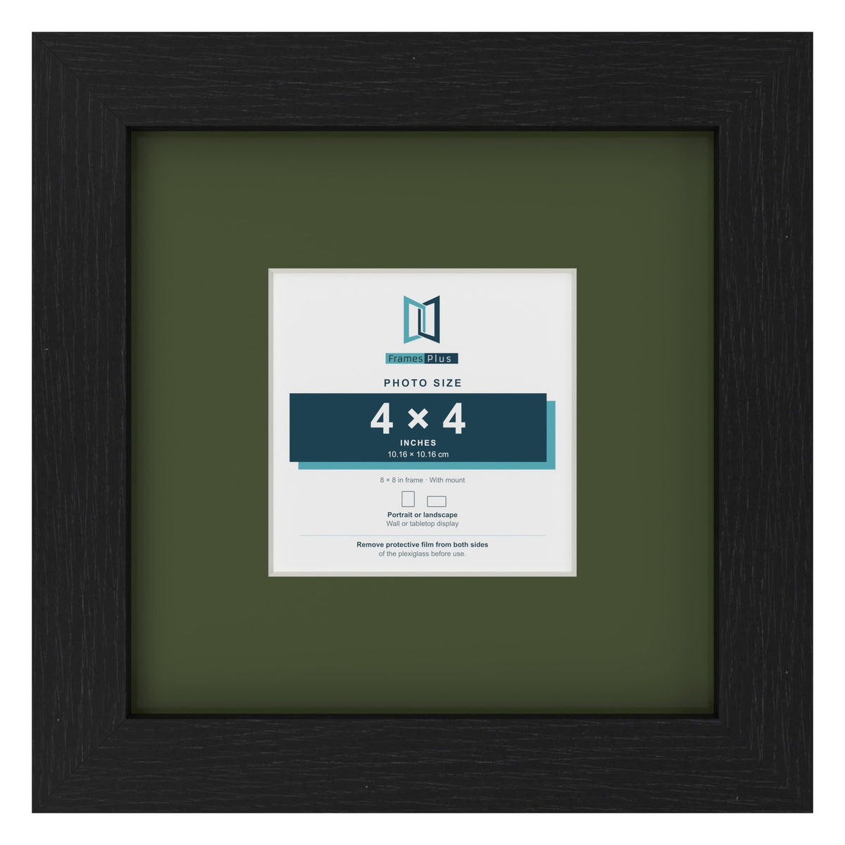 Black 8 x 8 inch picture frame with a green mount for a 4 x 4 inch photo