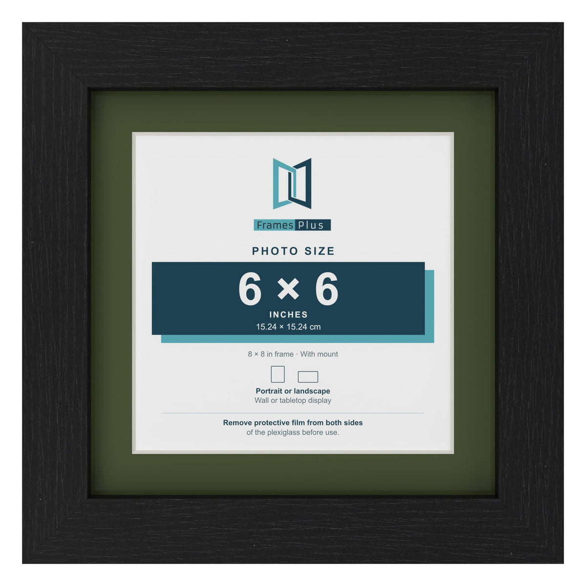 Black 8 x 8 inch picture frame with a green mount for a 6 x 6 inch photo