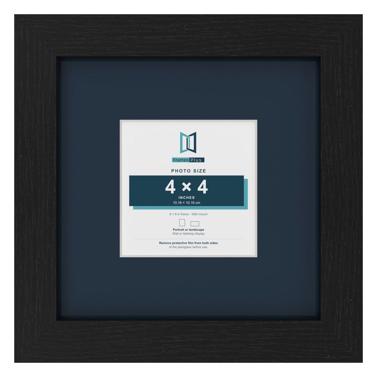 Black 8 x 8 inch picture frame with a Pacific Blue mount for a 4 x 4 inch photo
