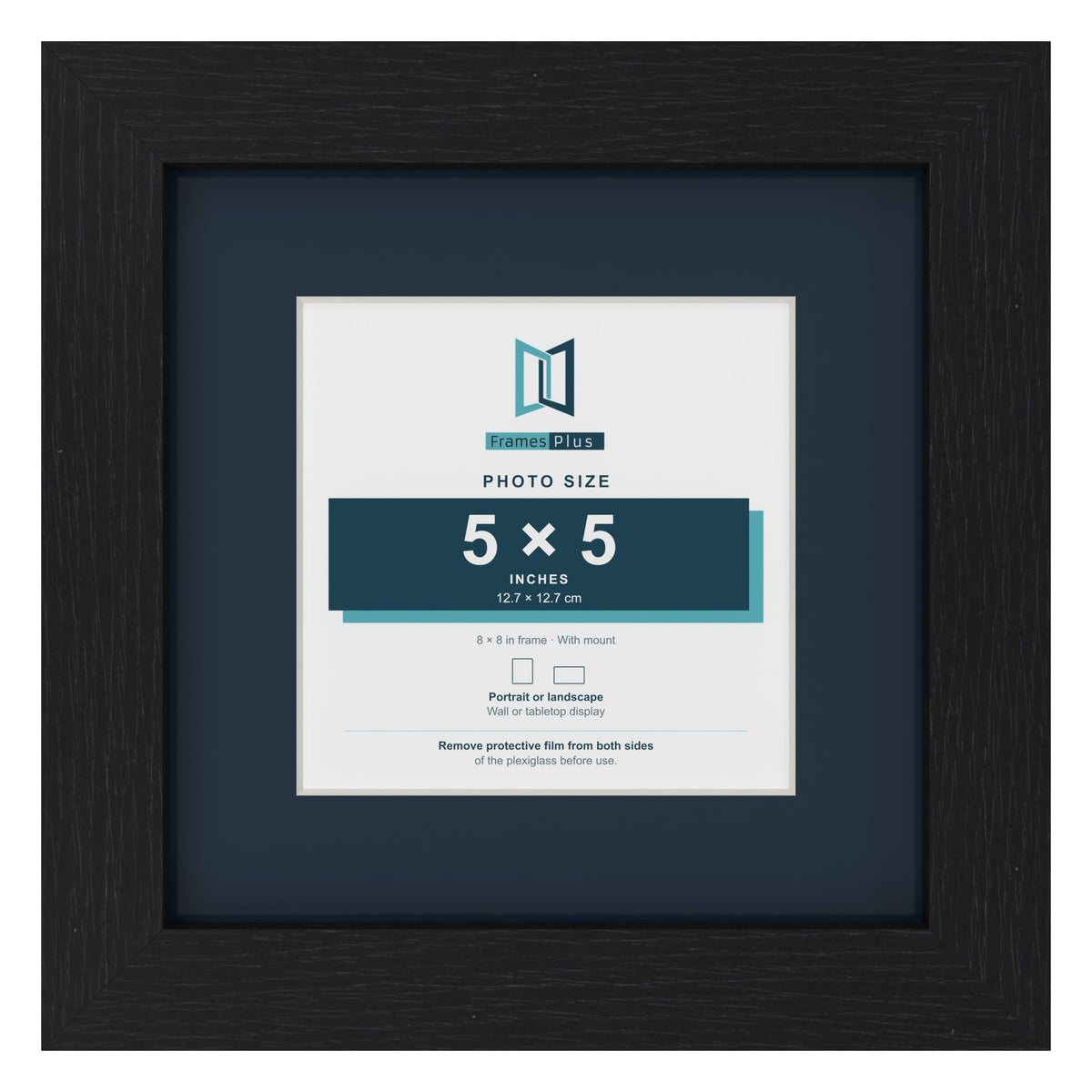 Black 8 x 8 inch picture frame with a Pacific Blue mount for a 5 x 5 inch photo