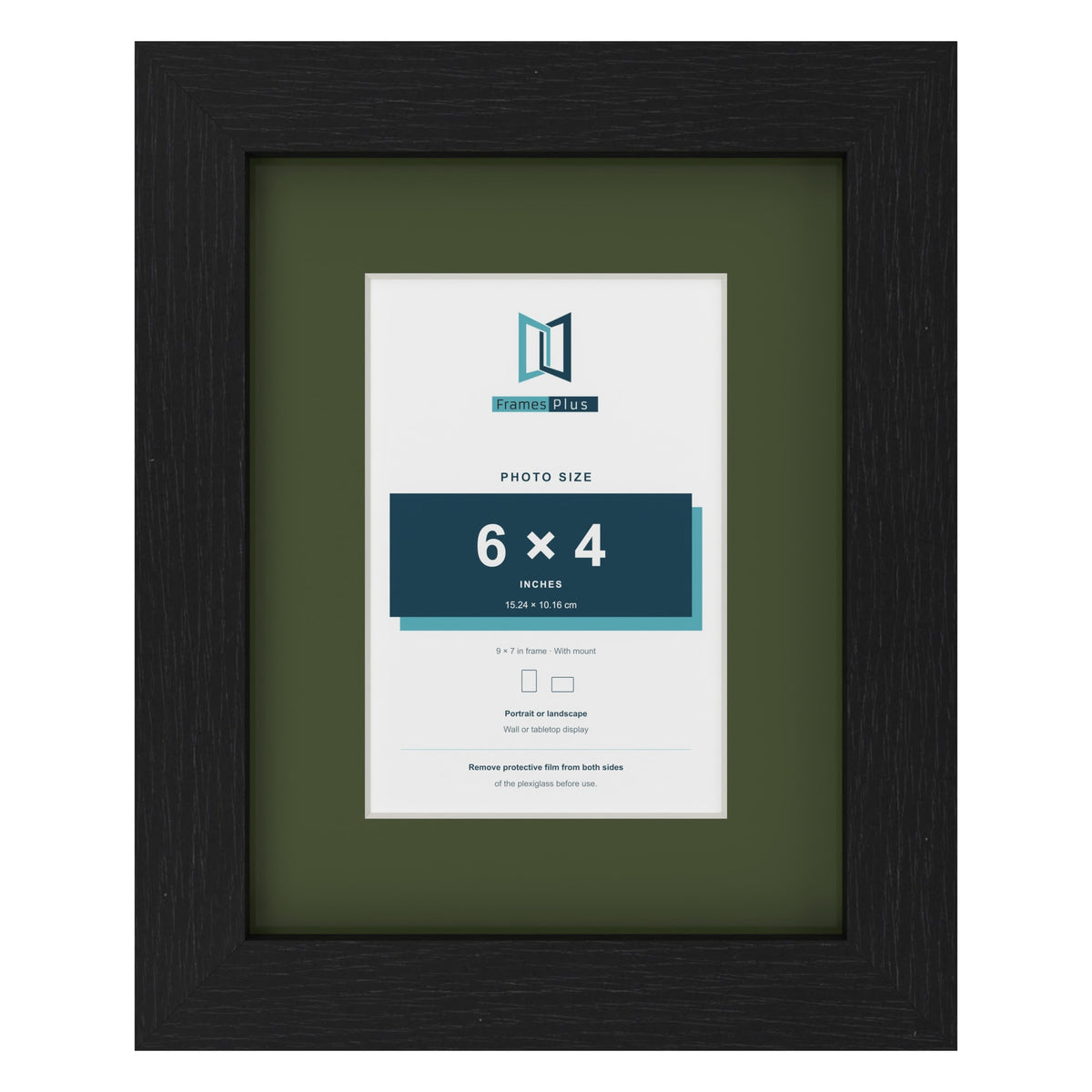 Black 9 x 7 inch picture frame with a green mount for a 6 x 4 inch photo