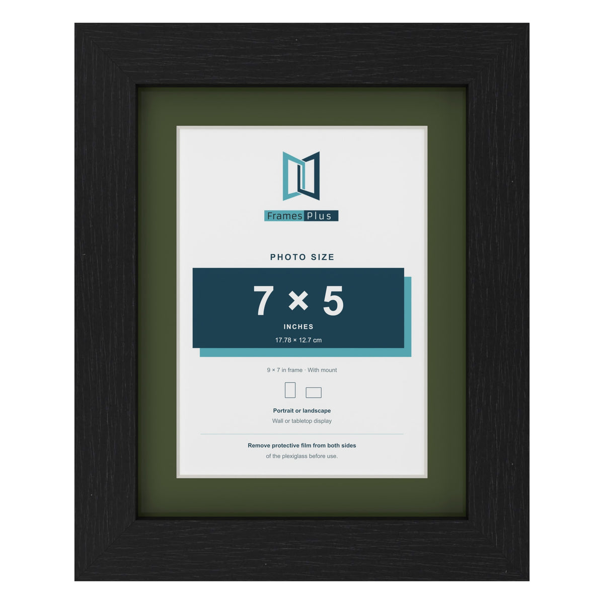 Black 9 x 7 inch picture frame with a green mount for a 7 x 5 inch photo