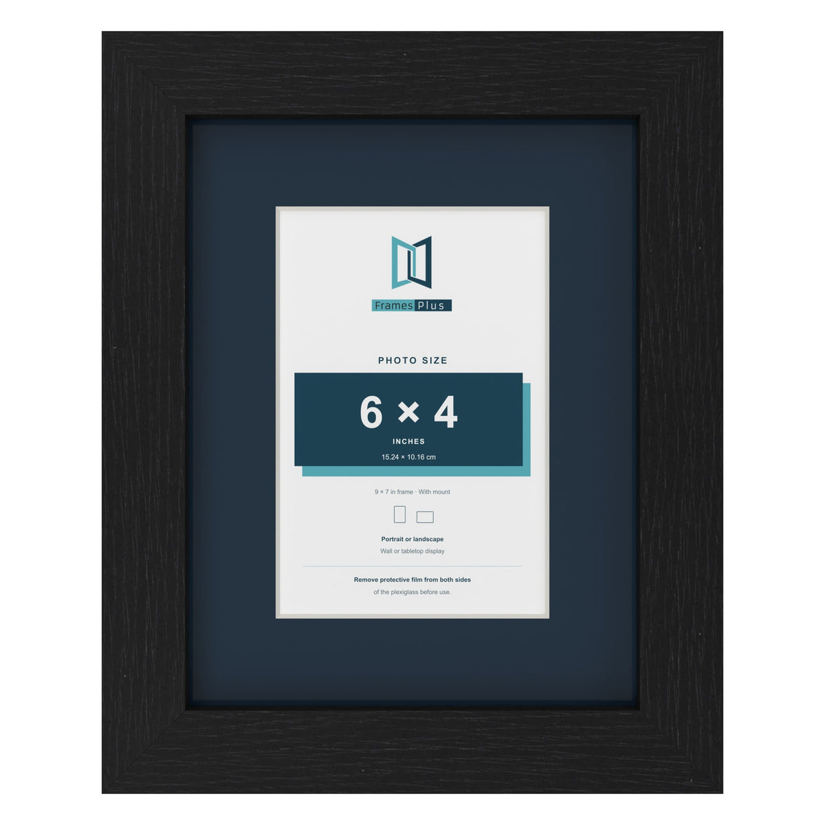 Black 9 x 7 inch picture frame with a Pacific Blue mount for a 6 x 4 inch photo