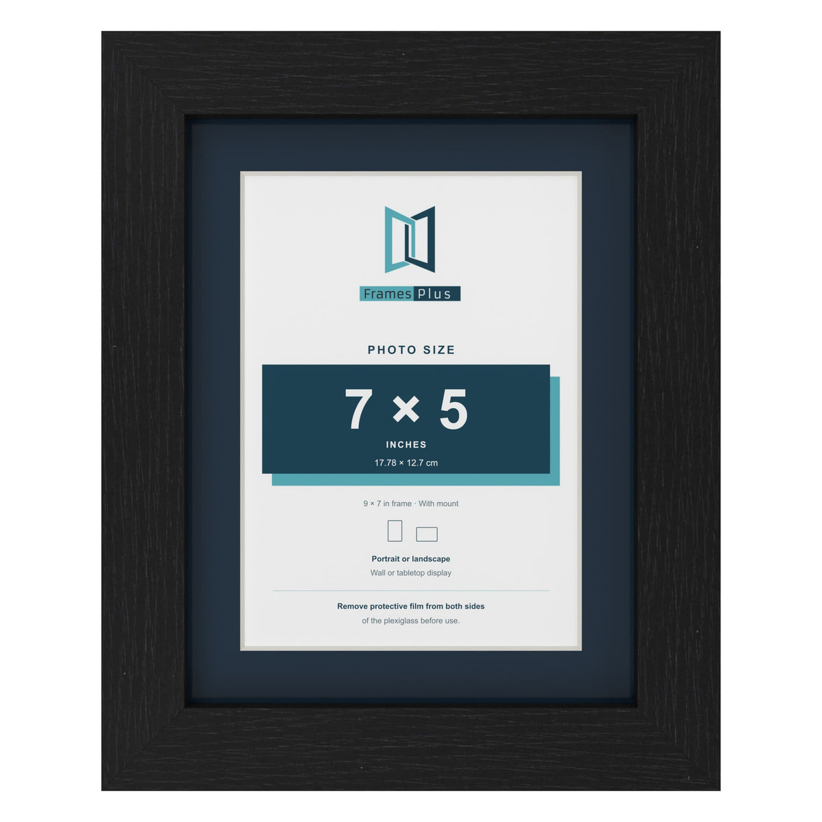 Black 9 x 7 inch picture frame with a Pacific Blue mount for a 7 x 5 inch photo