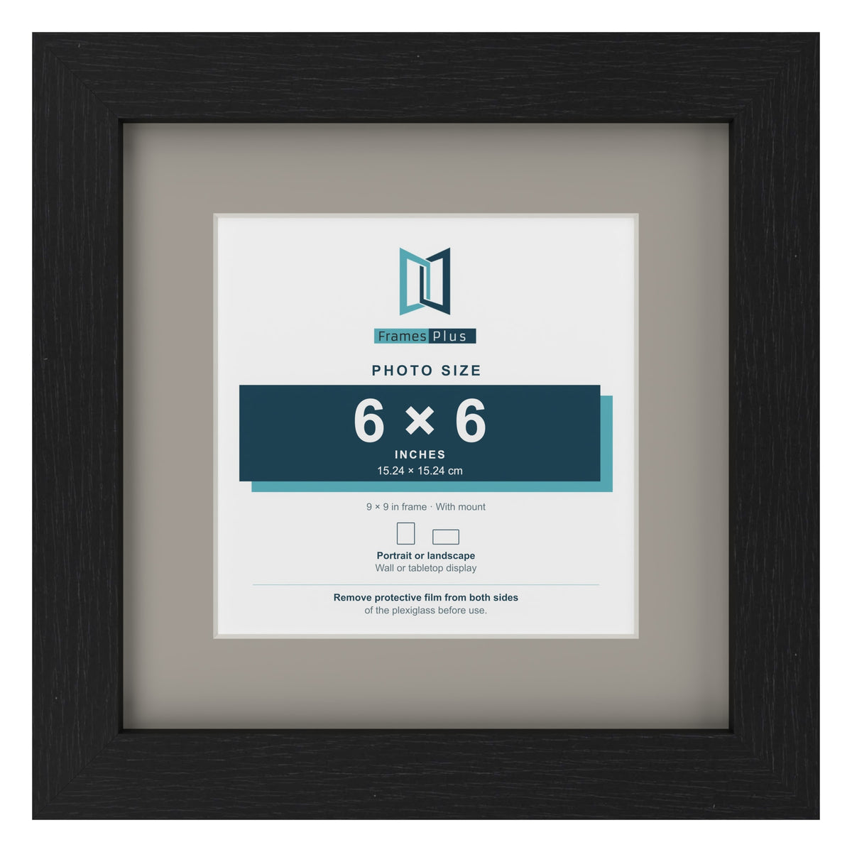Black 9 x 9 inch picture frame with a Dawn Grey mount for a 6 x 6 inch photo