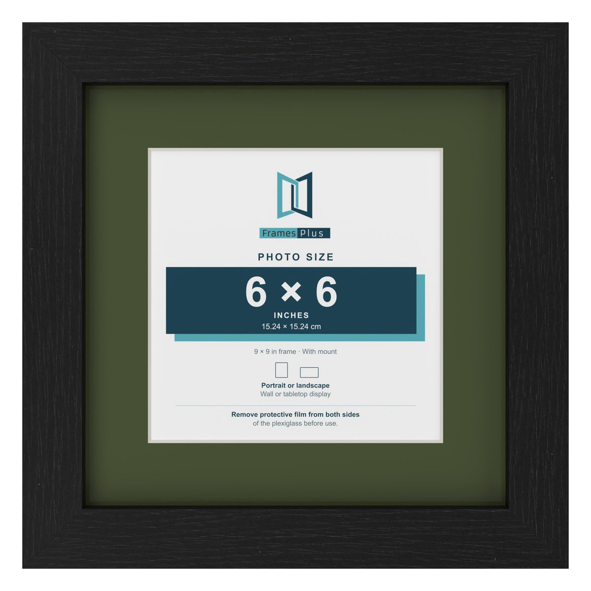 Black 9 x 9 inch picture frame with a green mount for a 6 x 6 inch photo