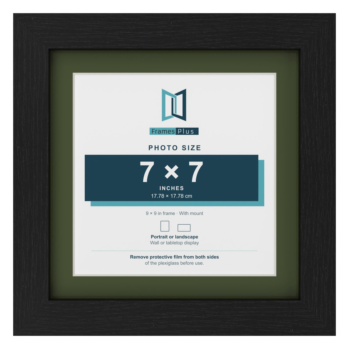 Black 9 x 9 inch picture frame with a green mount for a 7 x 7 inch photo