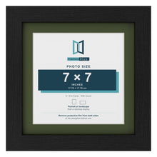 Black 9 x 9 inch picture frame with a green mount for a 7 x 7 inch photo