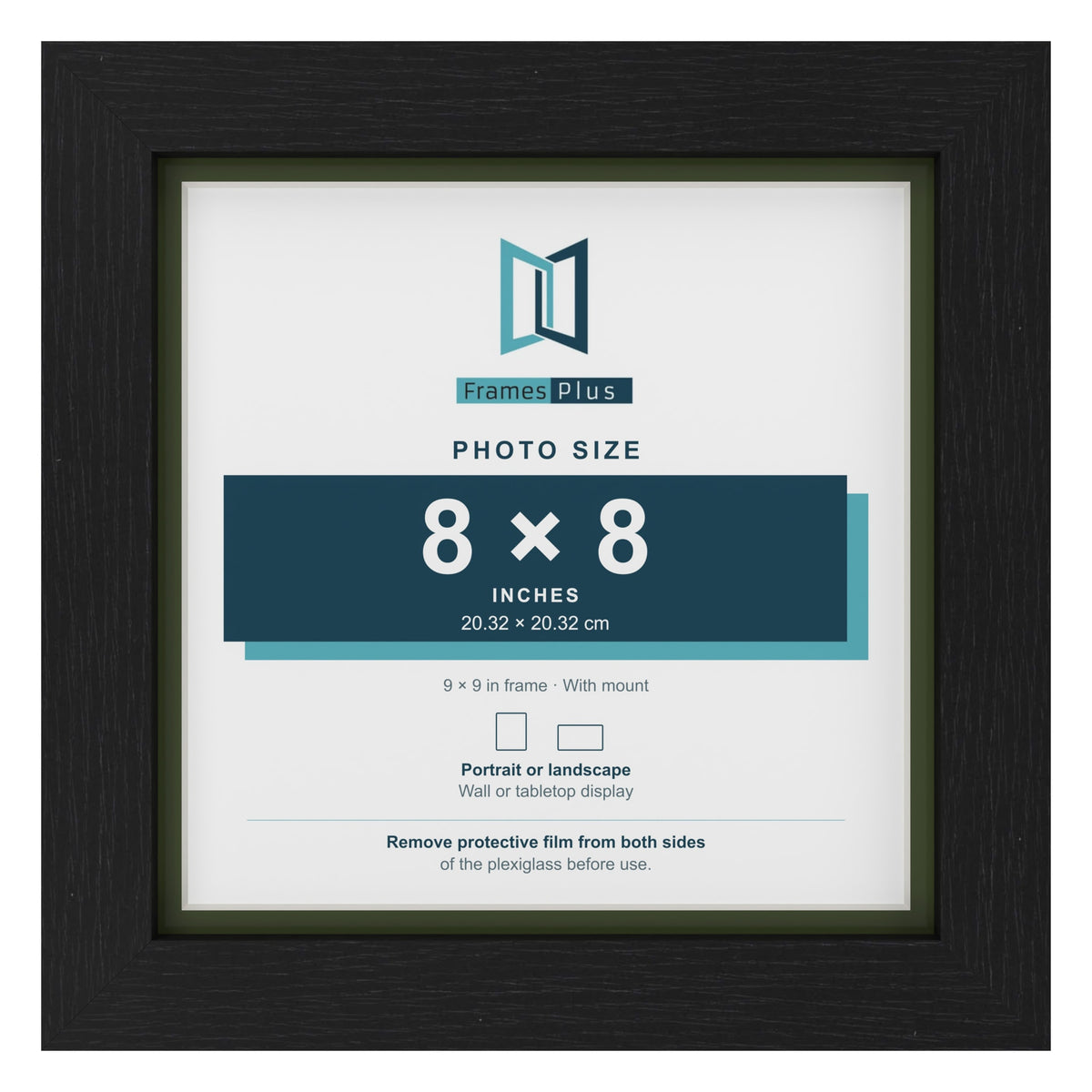 Black 9 x 9 inch picture frame with a green mount for an 8 x 8 inch photo