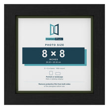 Black 9 x 9 inch picture frame with a green mount for an 8 x 8 inch photo
