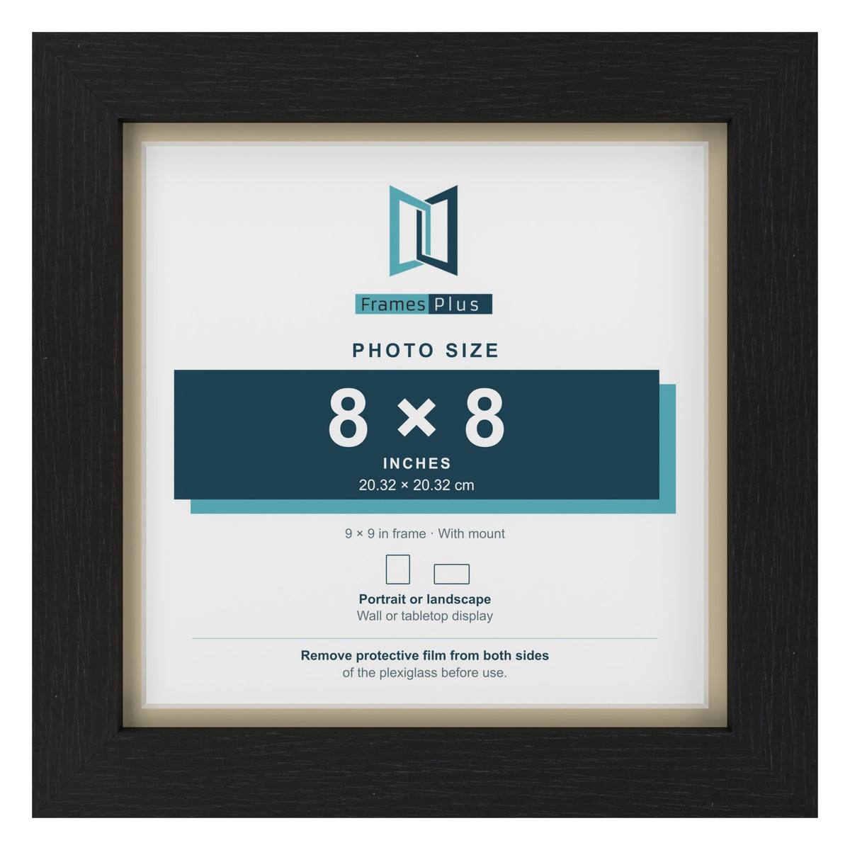 Black 9 x 9 inch picture frame with an ivory mount for an 8 x 8 inch photo