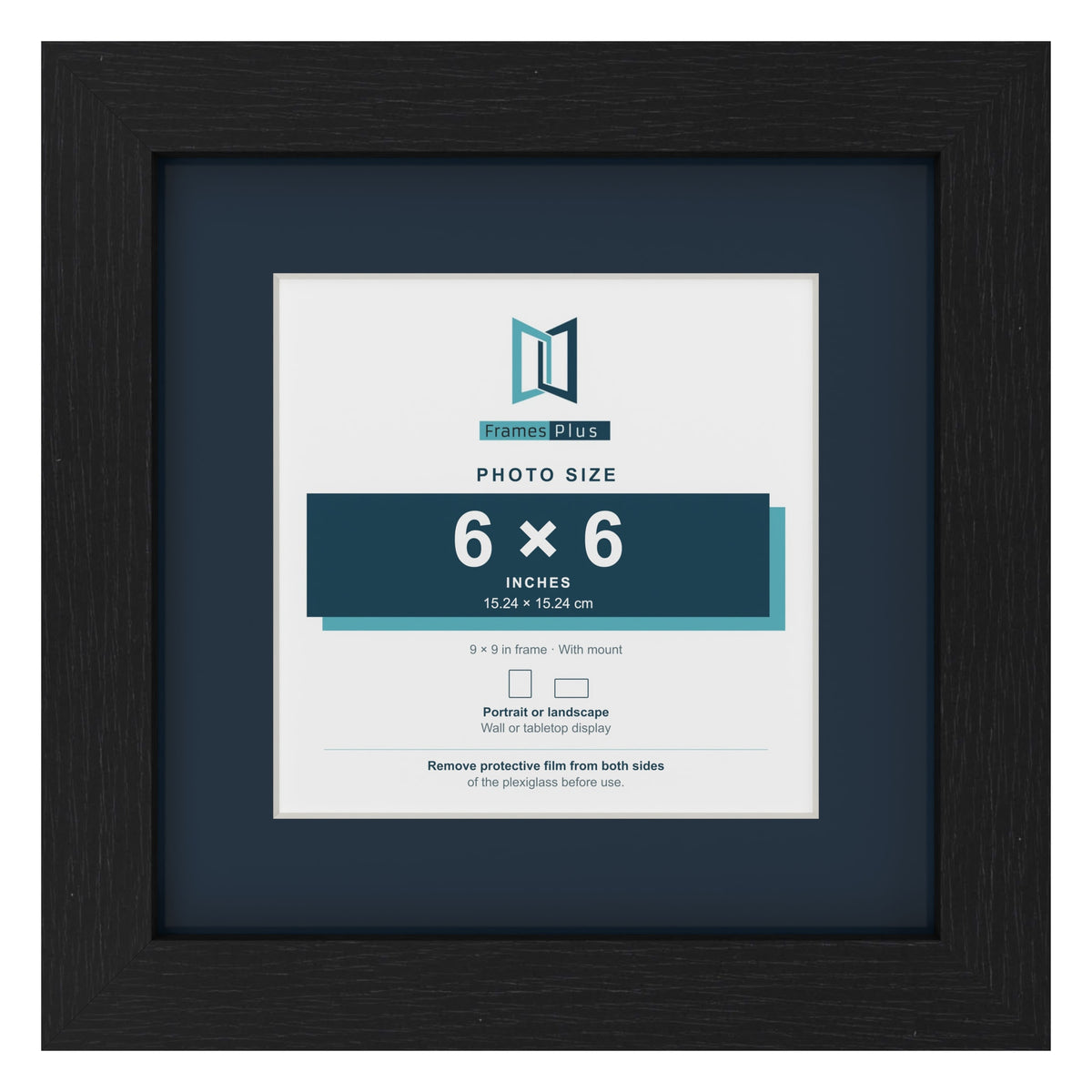 Black 9 x 9 inch picture frame with a Pacific Blue mount for a 6 x 6 inch photo