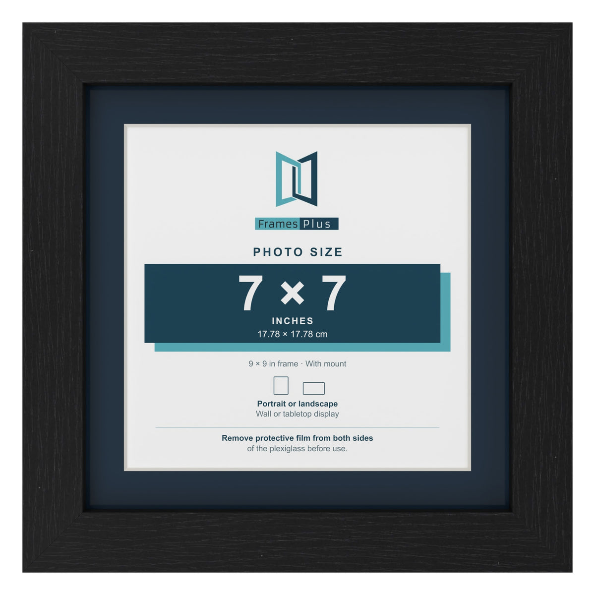 Black 9 x 9 inch picture frame with a Pacific Blue mount for a 7 x 7 inch photo
