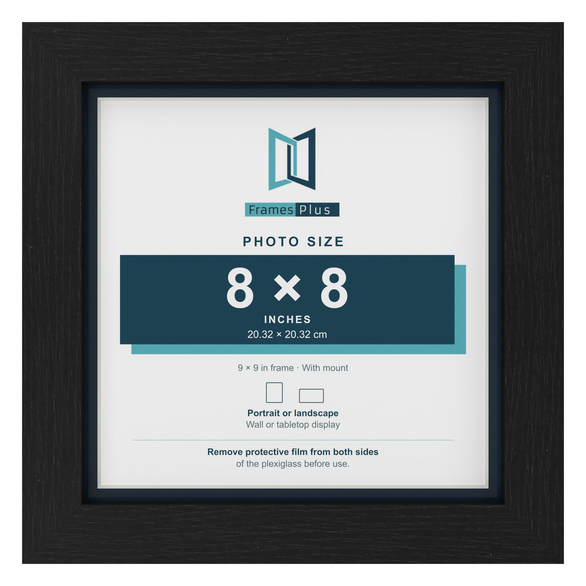 Black 9 x 9 inch picture frame with a Pacific Blue mount for an 8 x 8 inch photo