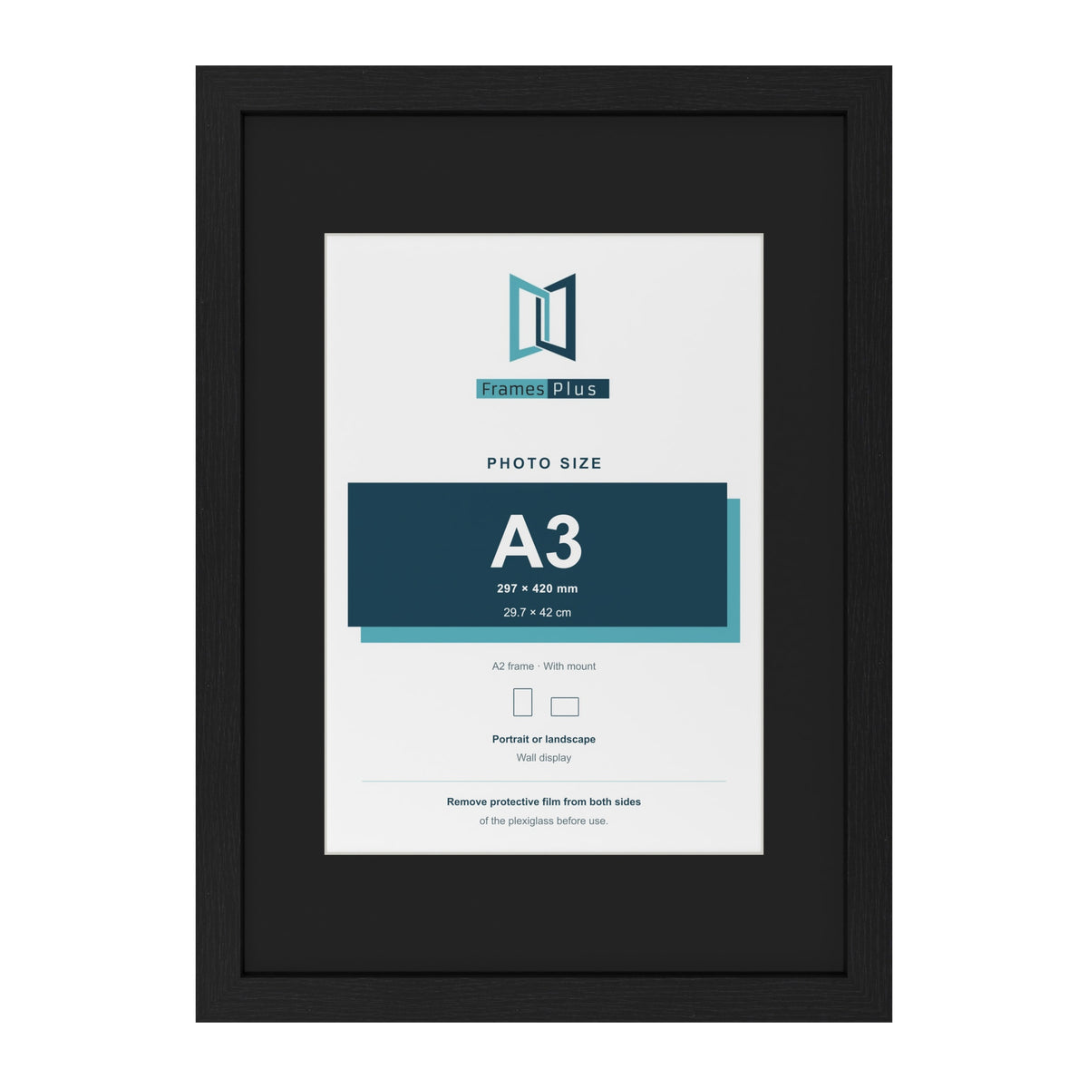 Black A2 picture frame with a black mount for an A3 photo