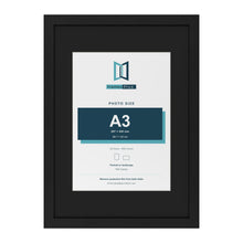 Black A2 picture frame with a black mount for an A3 photo