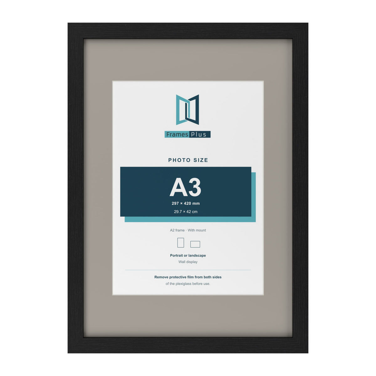 Black A2 picture frame with a Dawn Grey mount for an A3 photo