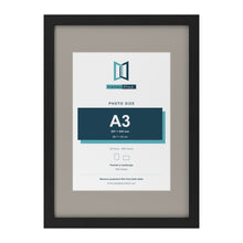 Black A2 picture frame with a Dawn Grey mount for an A3 photo