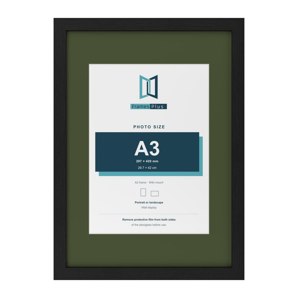Black A2 picture frame with a green mount for an A3 photo