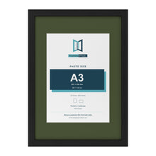 Black A2 picture frame with a green mount for an A3 photo