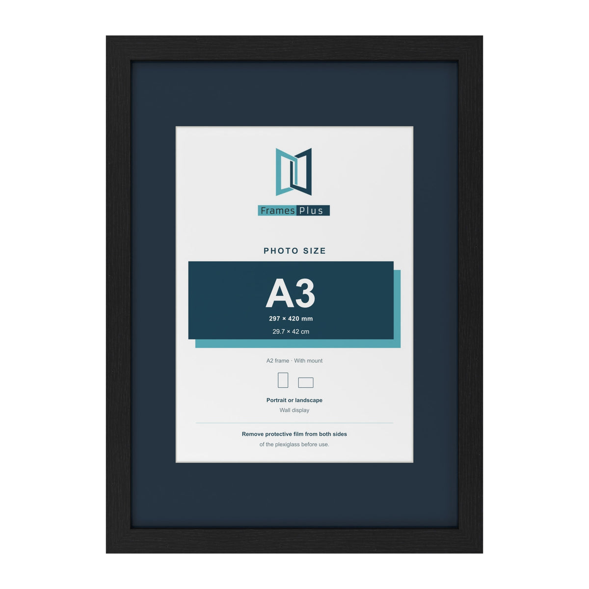 Black A2 picture frame with a Pacific Blue mount for an A3 photo