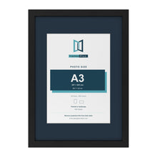 Black A2 picture frame with a Pacific Blue mount for an A3 photo