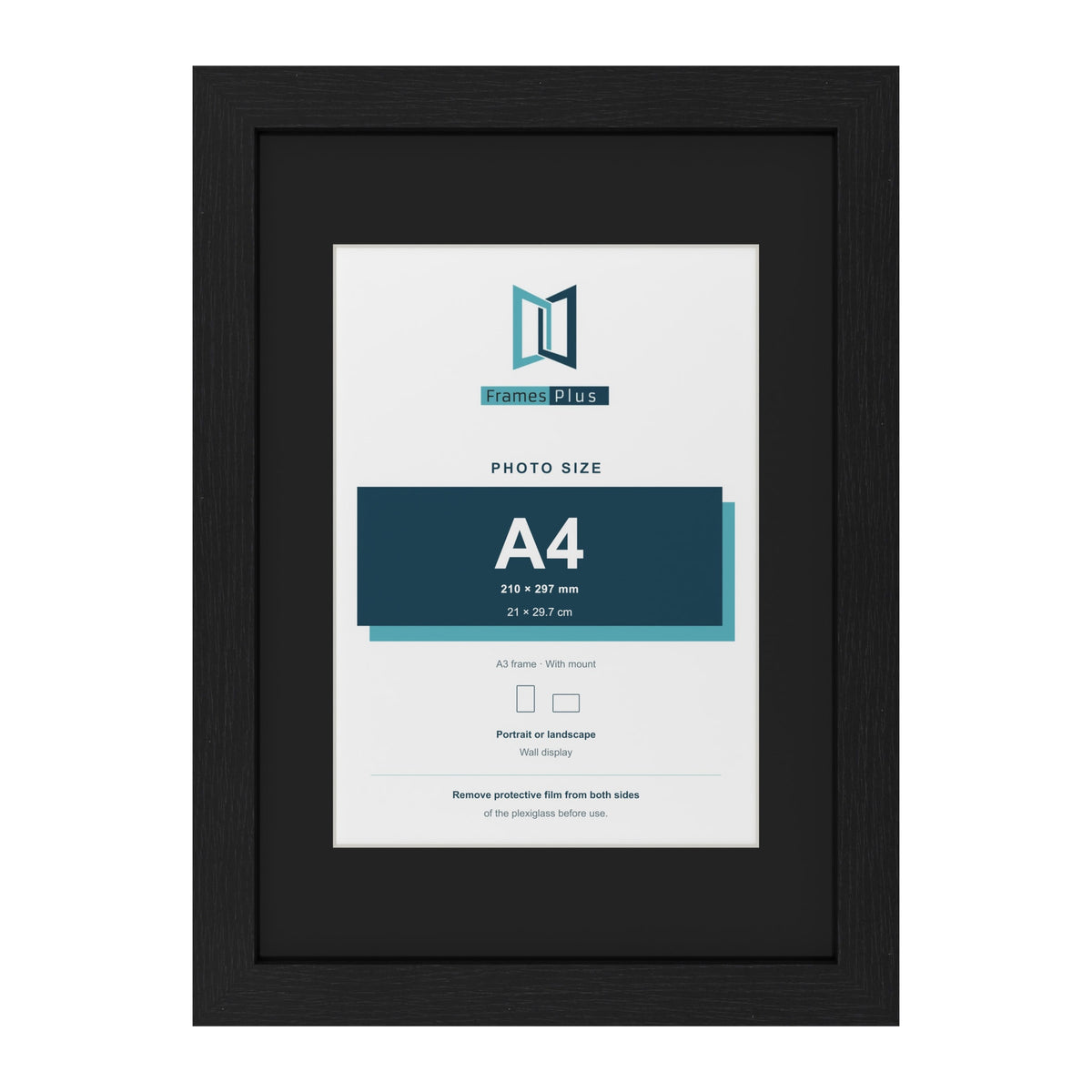 Black A3 picture frame with a black mount for an A4 photo