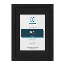 Black A3 picture frame with a black mount for an A4 photo