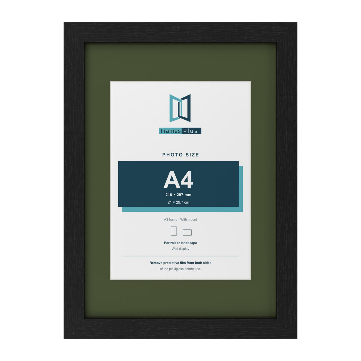 Black A3 picture frame with a green mount for an A4 photo