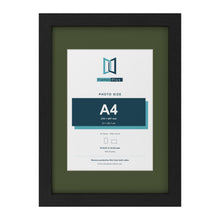 Black A3 picture frame with a green mount for an A4 photo