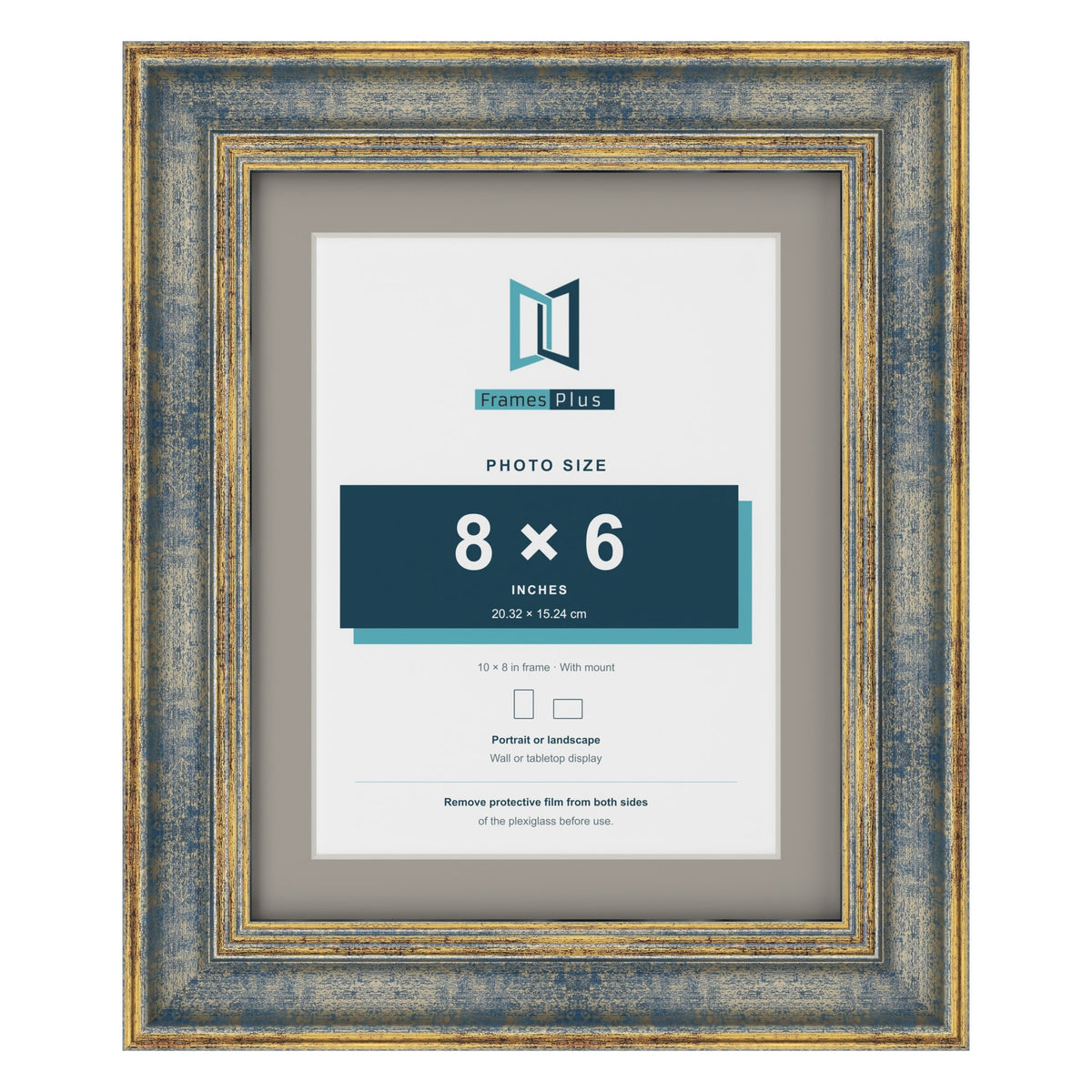 Cassis Blue 10 x 8 inch picture frame with a dawn grey mount for an 8 x 6 inch photo