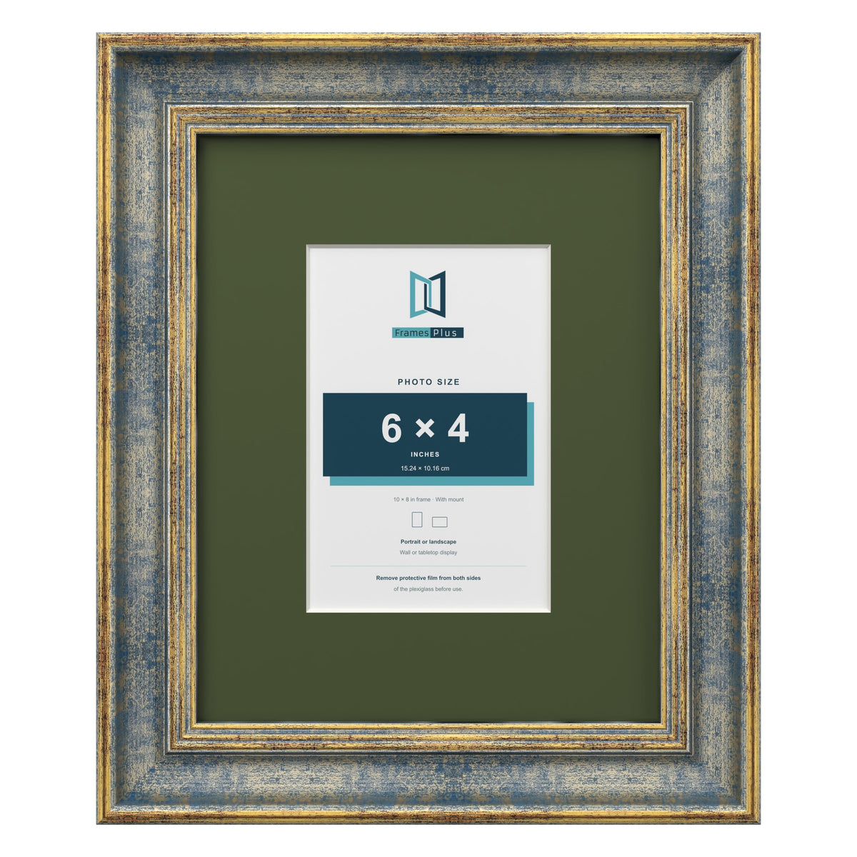 Cassis Blue 10 x 8 inch picture frame with a green mount for a 6 x 4 inch photo
