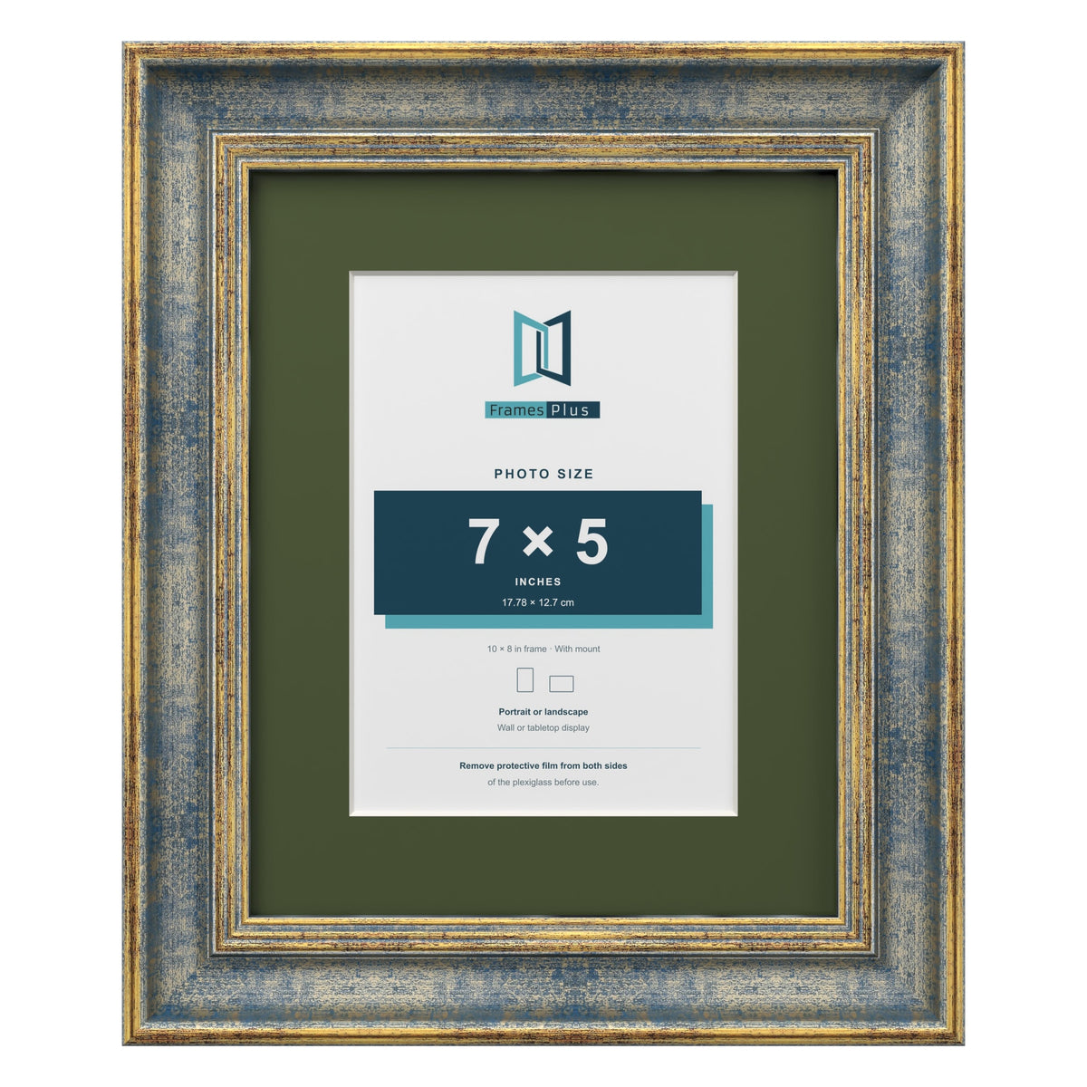 Cassis Blue 10 x 8 inch picture frame with a green mount for a 7 x 5 inch photo