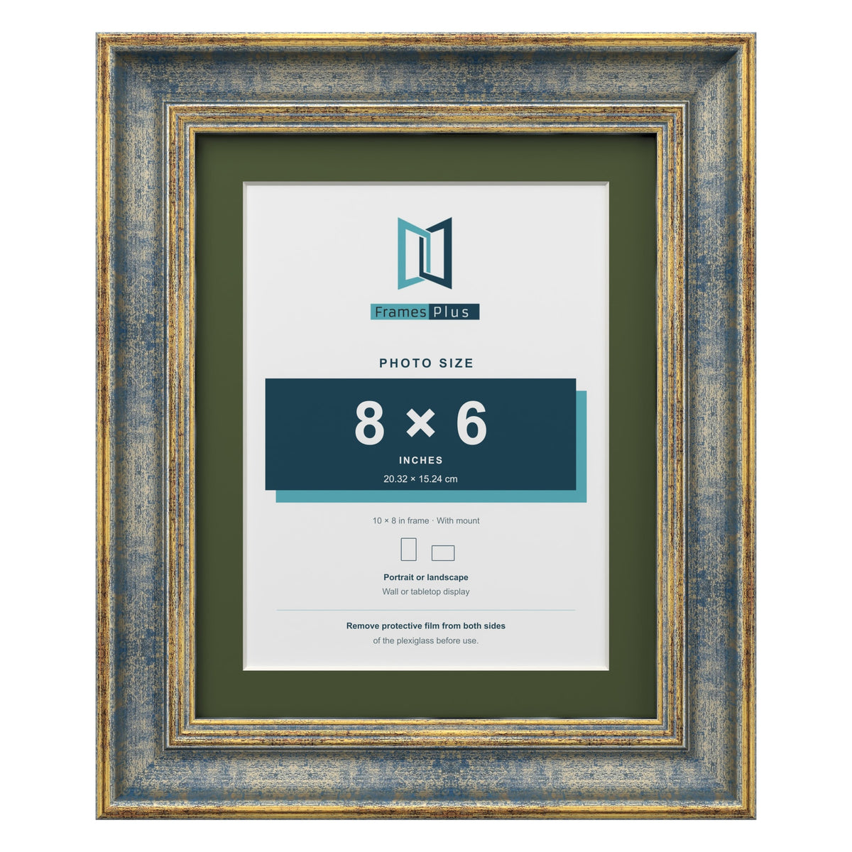Cassis Blue 10 x 8 inch picture frame with a green mount for an 8 x 6 inch photo
