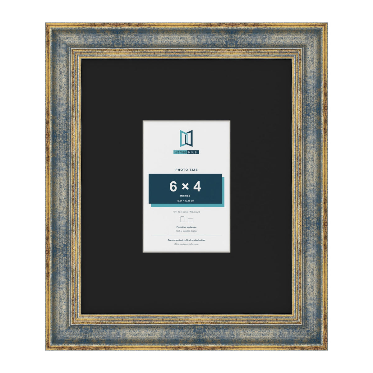 Cassis Blue 12 x 10 inch picture frame with a black mount for a 6 x 4 inch photo